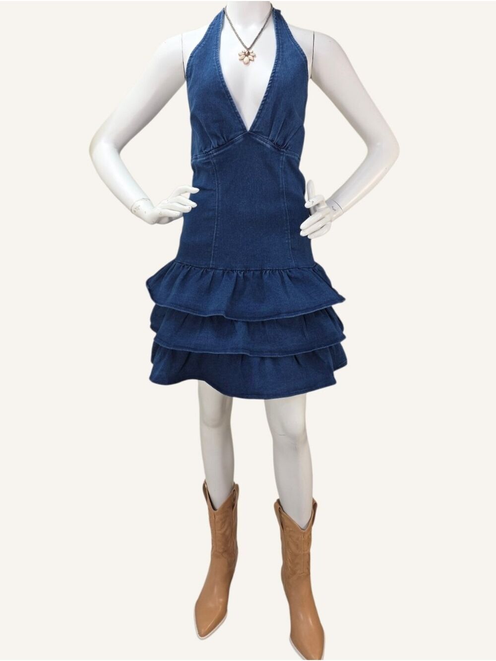 Denim Halter Ruffle Mini Dress Small Dark Wash Story On Coastal Cowgirl NWT - Picture 6 of 10